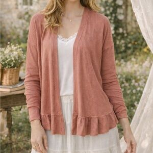 Maurices Dusty Rose Ruffle Hem Open Front Cardigan XS Boho Lightweight Knit
